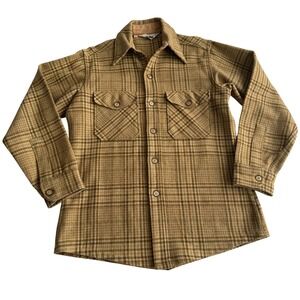 Woolrich VTG 60s 70s Wool Tartan Plaid Tan Button Up Shacket Jacket Shirt M